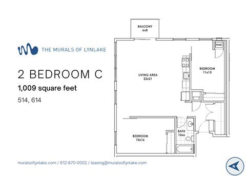 Floor plan for 2 beds, 1 bath, 1009 sqft